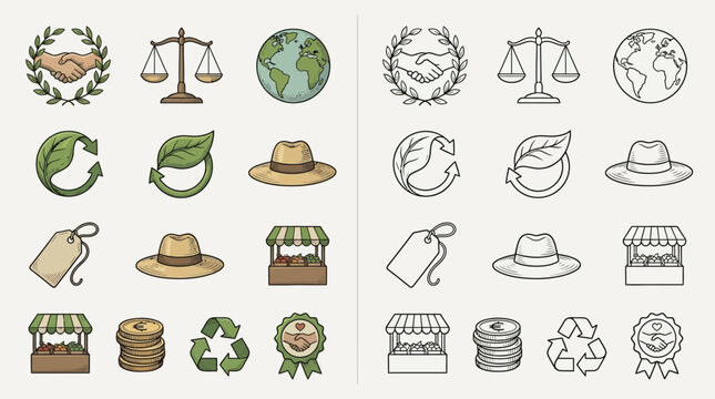 A collection of icons representing ethical business practices, sustainability, and fair trade, presented in both color and outline versions.