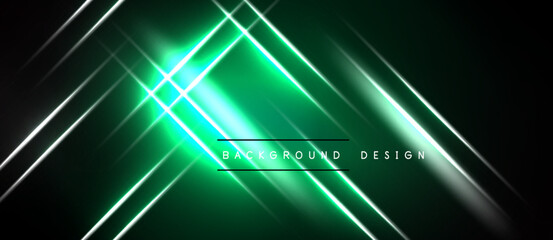 Fototapeta premium Dark background features bright green neon lines, creating dynamic abstract design. Central glow adds focal point, modern aesthetic.