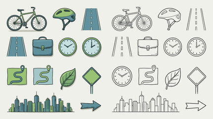 Collection of colorful and outline icons representing urban life, transportation, and environmental elements. © renender