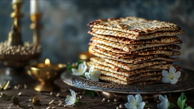 A traditional Seder table setting featuring stacked matzah, glowing ceremonial candles, and delicate spring blossoms, symbolizing the ancient Jewish Passover holiday