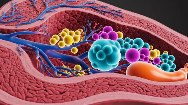 Detailed 3D animation of breast cancer progression and metastasis, showing tumor growth and spread through lymphatic vessels.