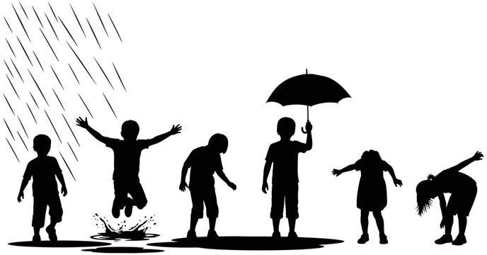 Silhouette illustrations of children playing in rain, jumping in puddles, holding umbrellas, enjoying outdoor fun and carefree childhood moments