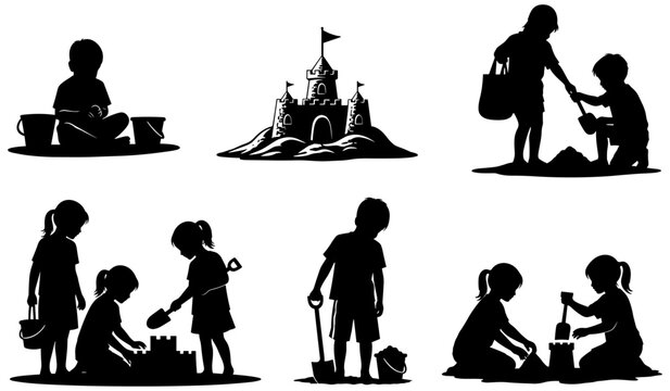 Black silhouette illustration of children building sandcastles, playing with buckets and shovels, and engaging in creative sandbox activities together