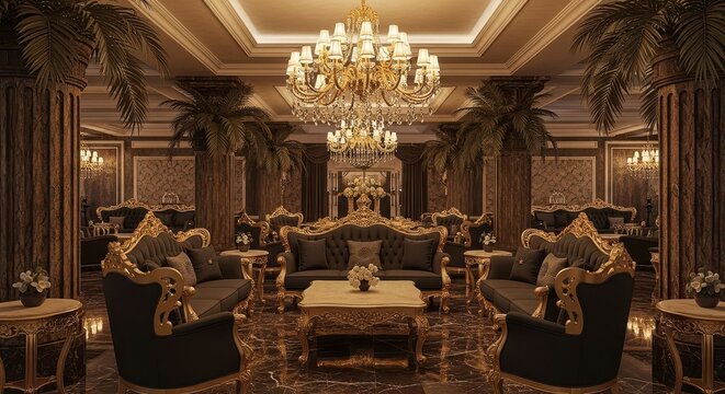 Opulent grand ballroom with elegant decor and luxurious furnishings
