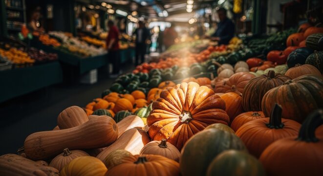 Large collection of autumn pumpkins and winter squashes at traditional harvest festival market