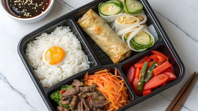 A Korean Dosirak Lunch Box with Rice and Various Foods