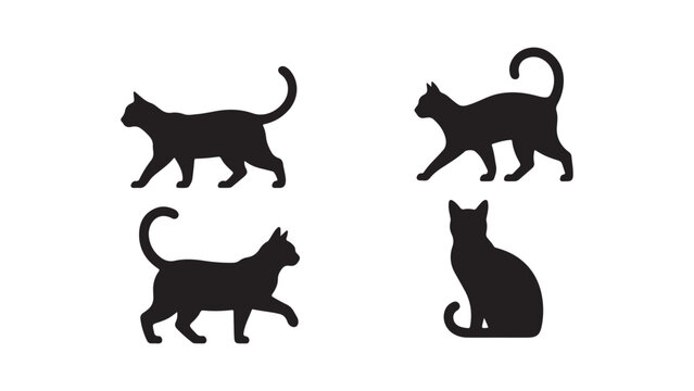 Black cat silhouette vector icon set. kitten cartoon character in various poses illustration