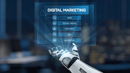 A robotic hand interacts with a digital marketing interface featuring essential elements like web,...