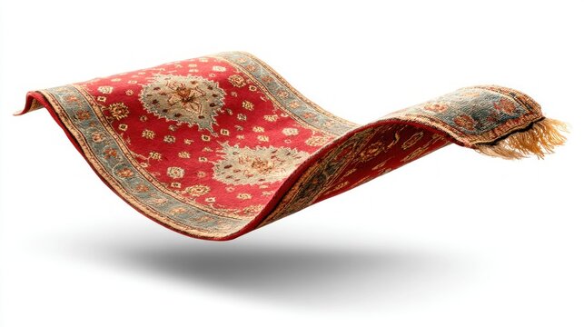 An exquisitely detailed oriental carpet, seemingly levitating with its intricate designs on display.