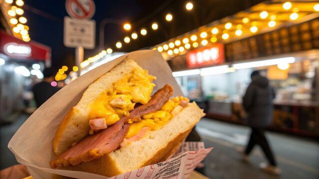 A delicious Korean egg drop sandwich with ingredients displayed