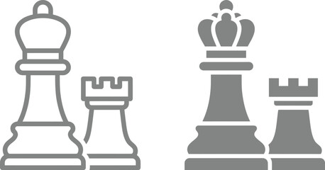 Gray chess pieces on a white background, king, queen, rook, pawn © LoveU
