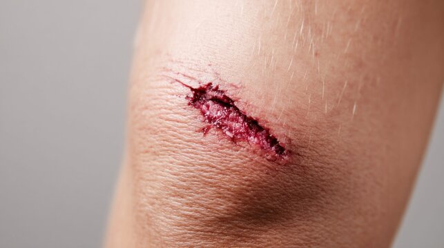 Close-up shot showcases a fresh skin wound with blood, depicting a bodily injury in detail.