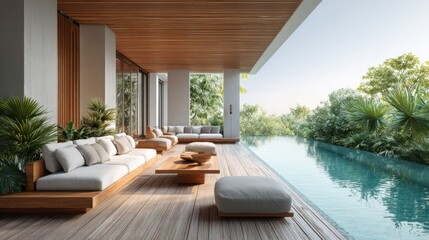 Fototapeta premium Luxury modern terrace with infinity pool and lush tropical greenery overlooking a serene landscape