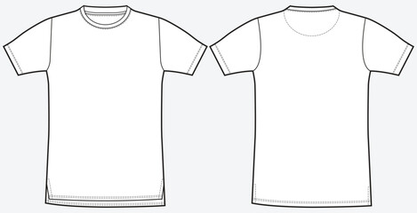 Fototapeta premium Short Sleeve Crew Neck Split Hem T-Shirt Flat Sketch. Oversized Round Neck side vent hem T-Shirt Fashion Technical Drawing front and back Vector Template