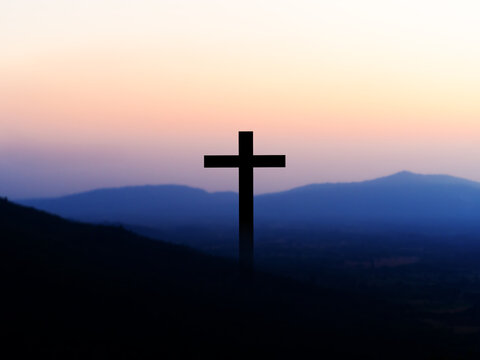 Cross christian god religion on sunset background, jesus church worship pray catholic grace christ, symbols christ love holy spiritual hope peach victory spirit meditation catholicism crucifix trush.