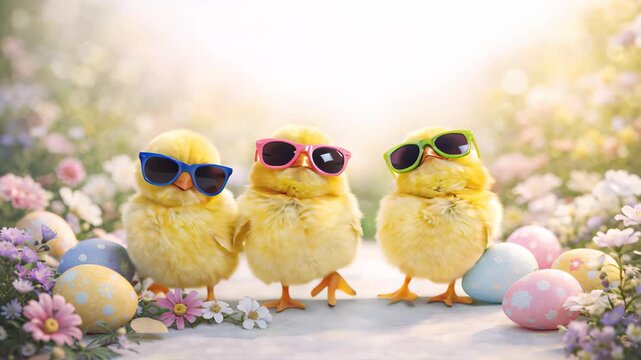 three cute chicks wearing sunglasses among flowers and easter eggs, playful animal scene, spring celebration, easter holiday concept.