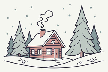 Naklejka premium Snowfall forest cabin cartoon background simple vector illustration