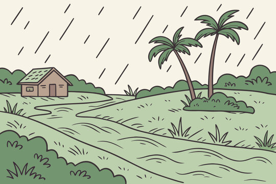 Monsoon river floodplain cartoon background simple vector illustration