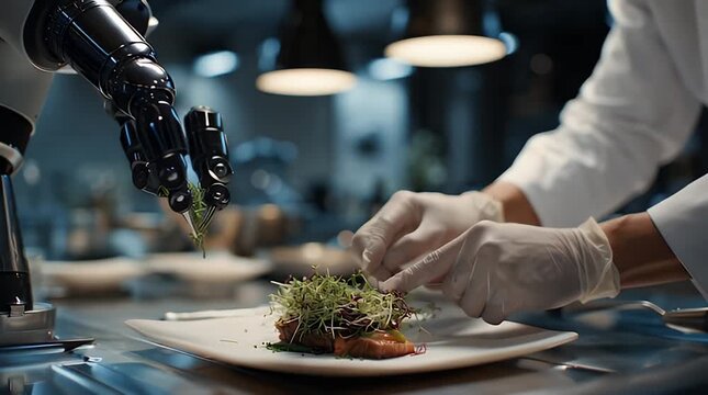 Robotic arm and human chef plating gourmet food in modern kitchen
