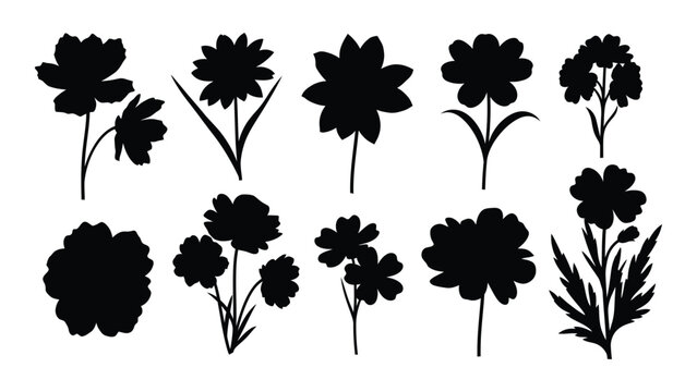 Collection of black silhouette flowers on white background