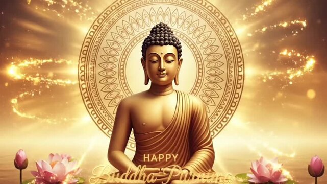 Golden Buddha Statue Meditating on Lotus Flowers with Radiant Halo Background for Happy Buddha Purnima Social Media Poster Banner Design