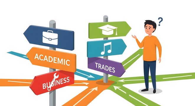 Confused student choosing career path with multiple directional signs.