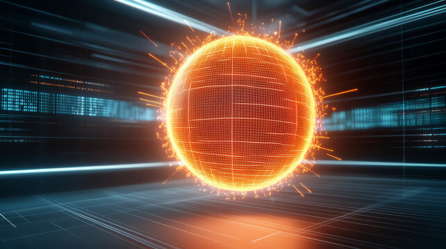 Glowing digital sphere, futuristic energy, technology, data visualization, high fidelity, dynamic