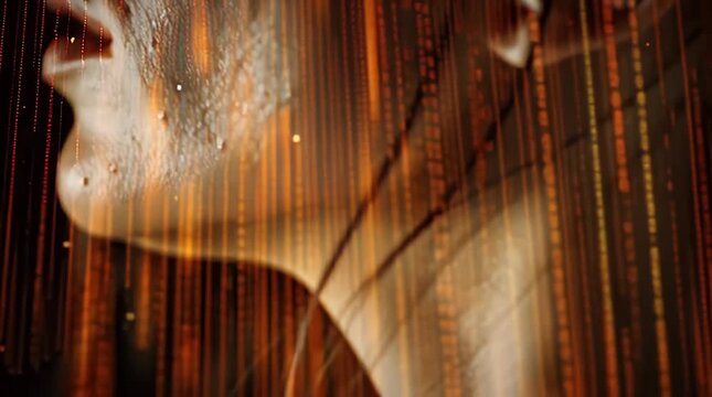 Close Up of Person Face with Orange Digital Data and Matrix Code