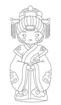 Cute girl in traditional Asian dress with intricate hairstyle and patterns