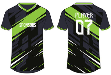Fototapeta premium Black and green Diagonal Stripe Sports Jersey design flat sketch illustration, v neck Football jersey concept with front and back view for Soccer, Cricket, Volleyball, Rugby, badminton uniform kit