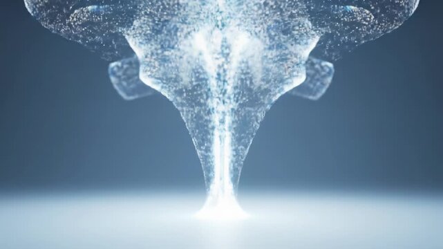Luminous digital particles, resembling iridescent vapor, rise and expand on a pristine studio background with shallow depth of field, embodying data cloud integration concept