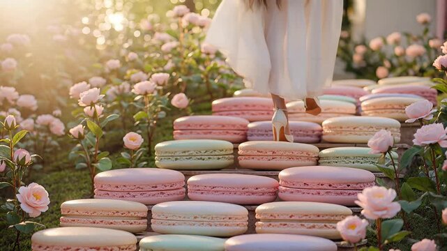 Woman walks up colorful macaron stairs surrounded by pink roses in garden