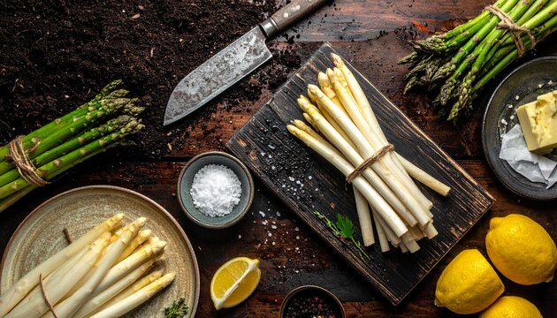 top view of fresh asparagus on rustic wooden background