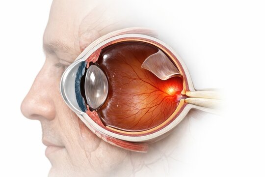 Hyper-realistic 3D medical visualization of a sagittal eye cross-section showing localized retinal detachment with diagnostic glow inside a ghostly human head outline clinical render