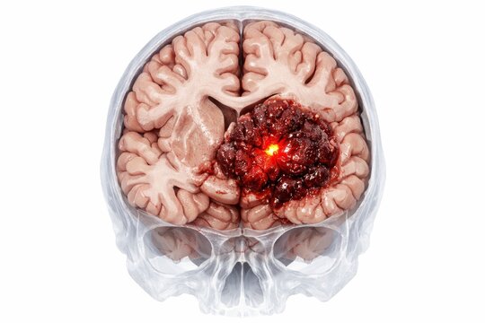 Hyper-realistic 3D medical visualization of an acute intracerebral hemorrhage and hematoma with localized diagnostic glow inside a ghostly head outline clinical render