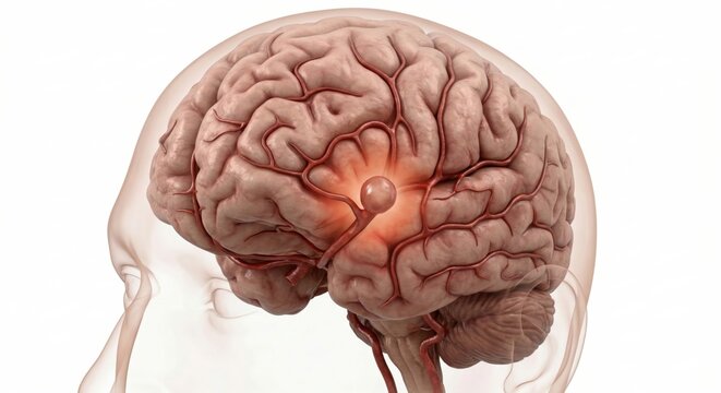 3D medical visualization of a brain aneurysm showing a sac-like bulge on a cerebral artery with localized diagnostic glow inside a ghostly head outline clinical render