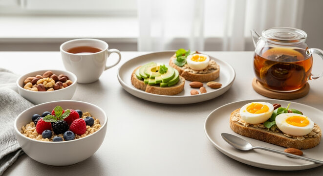 Healthy breakfast with eggs avocado toast berries nuts and tea representing balanced morning nutrition and cortisol friendly diet in natural light food photography
