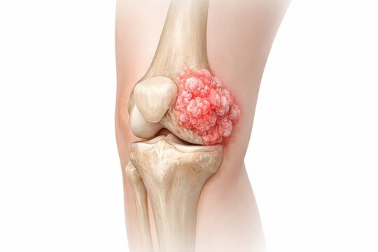 Bone cancer osteosarcoma medical illustration showing malignant bone forming tumor in distal femur near knee in orthopedic oncology concept for diagnosis pathology education and care