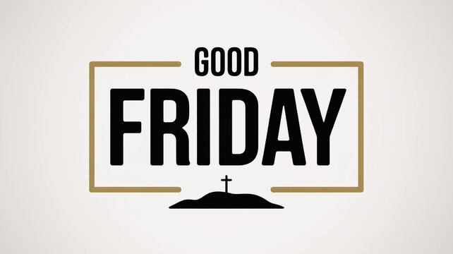 Good Friday logo with cross on hill, gold border