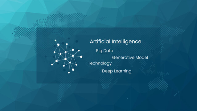 Artificial intelligence symbol. AI neural network machine deep learning processing big data analysis technology. Vector poly background. World map for global business, web design