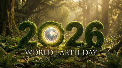 2026 world earth day typography surrounded by lush green forest