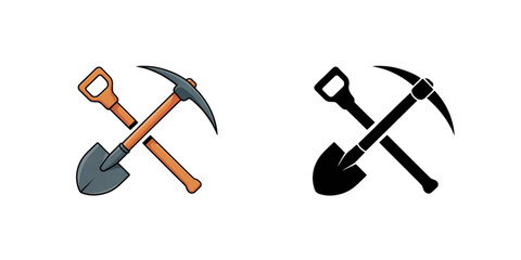 A colorful and a black silhouette icon set featuring a crossed shovel and a classic mining pickaxe Vector © MDSOPON