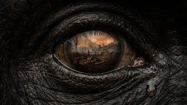 Close up of a primate s eye reflecting a destroyed landscape and shedding a tear