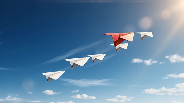 A red paper airplane soars ahead of a line of white paper airplanes against a blue sky