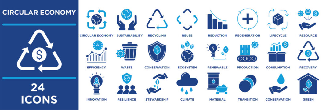 Circular Economy icon set illustrating circular, economy, sustainability, recycling, reuse, reduction, regeneration, lifecycle, resource, efficiency, waste, recovery. solid