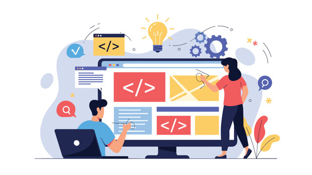 Two professional web developers working on a large computer screen to design and code a website interface together.