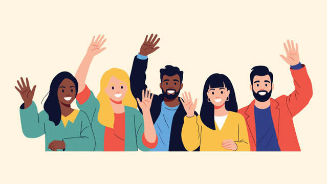 Group of friendly diverse people smiling and waving their hands to say hello or goodbye in a flat design illustration.