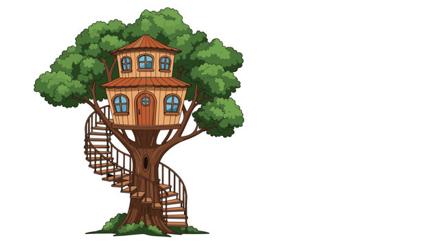Fantastic multi-story wooden treehouse built into a large green tree with a spiral staircase and multiple windows.