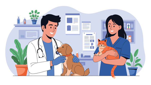 Professional male and female veterinarians examining a small dog and a cat in a well-equipped medical animal clinic.