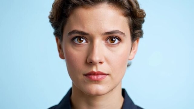 Woman with neutral expression against a simple blue background